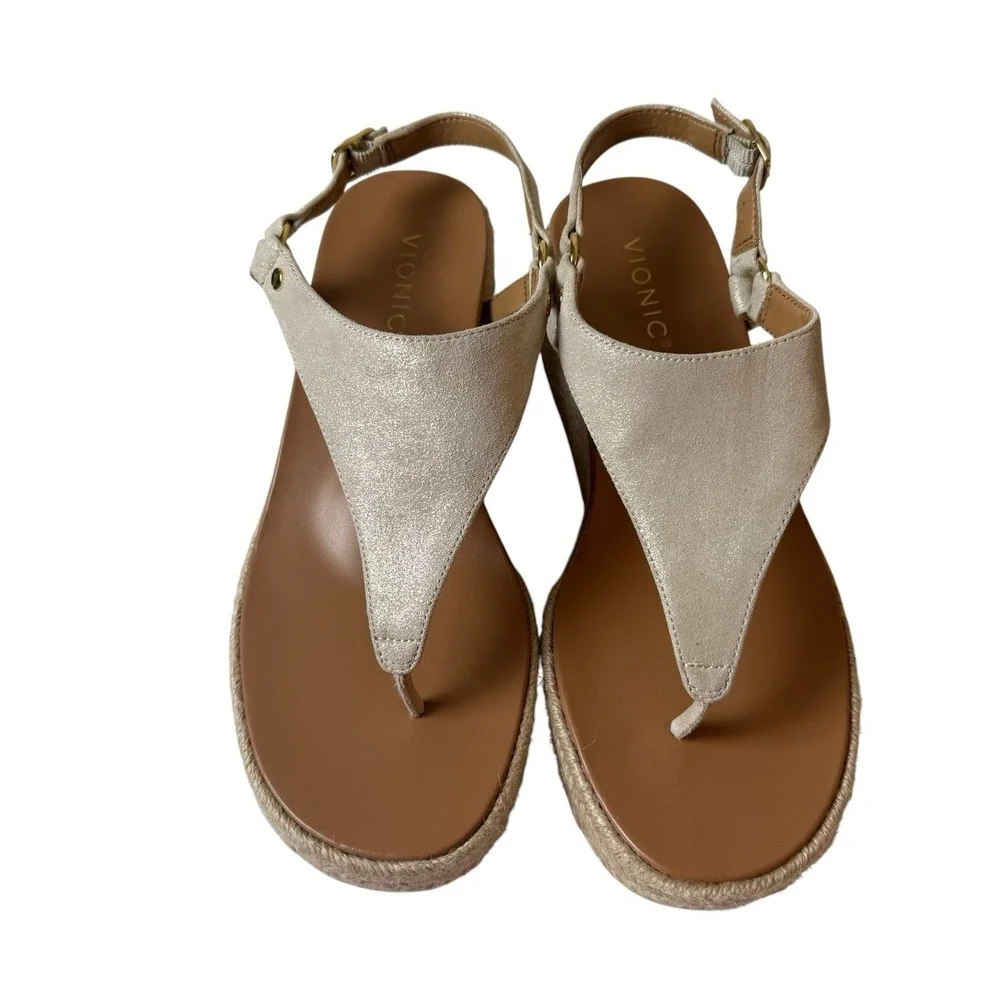 Vionic Kirra Wedge Espadrille Sandals Cream Shimmer Thong Platform Womens 9.5 W